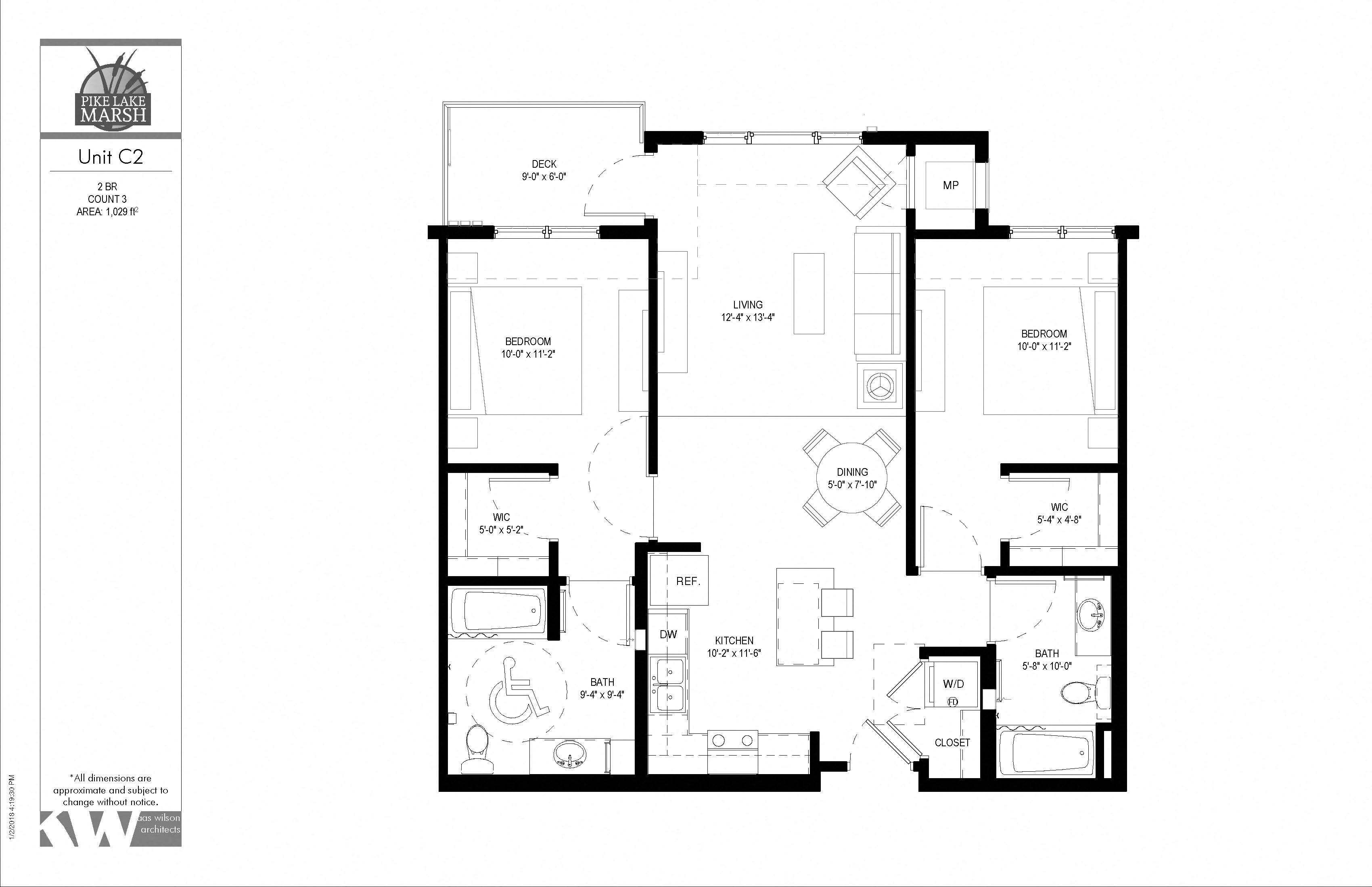 Floor plan for 2 beds, 2 baths, 1029 sqft